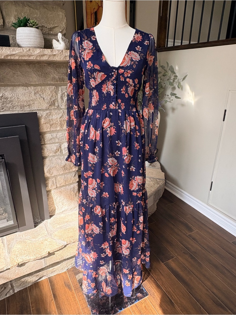 Patrons of Peace Navy Floral Smocked Boho Maxi Dress Size S/P